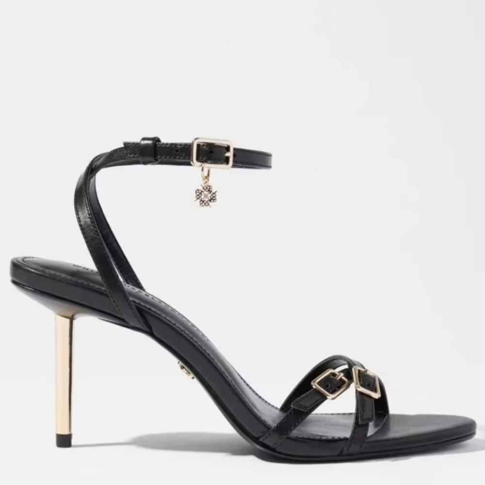 WHBM Black Strappy Gold Heels NEW IN BOX